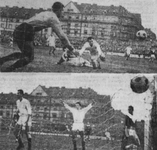 Na horním snímku V. Žitného je zachycen Píšův první gól Slavie, na spodním je vlastní Hájkův.
