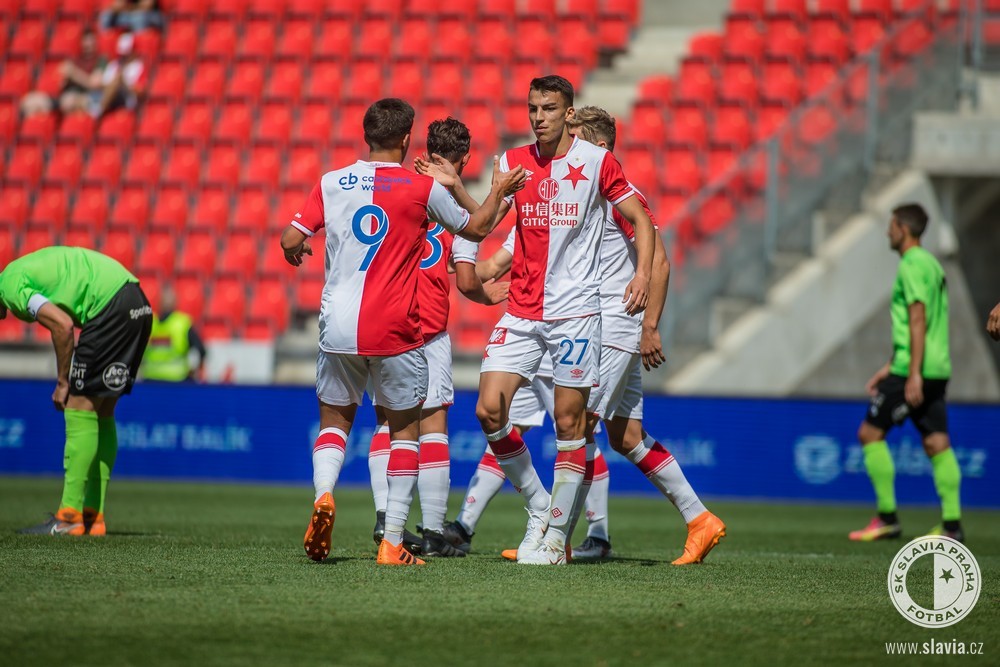 Radost hráčů Slavie po jedné z branek.